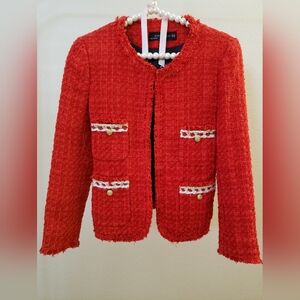 Zara Red Tweed Blazer with Gold Accents